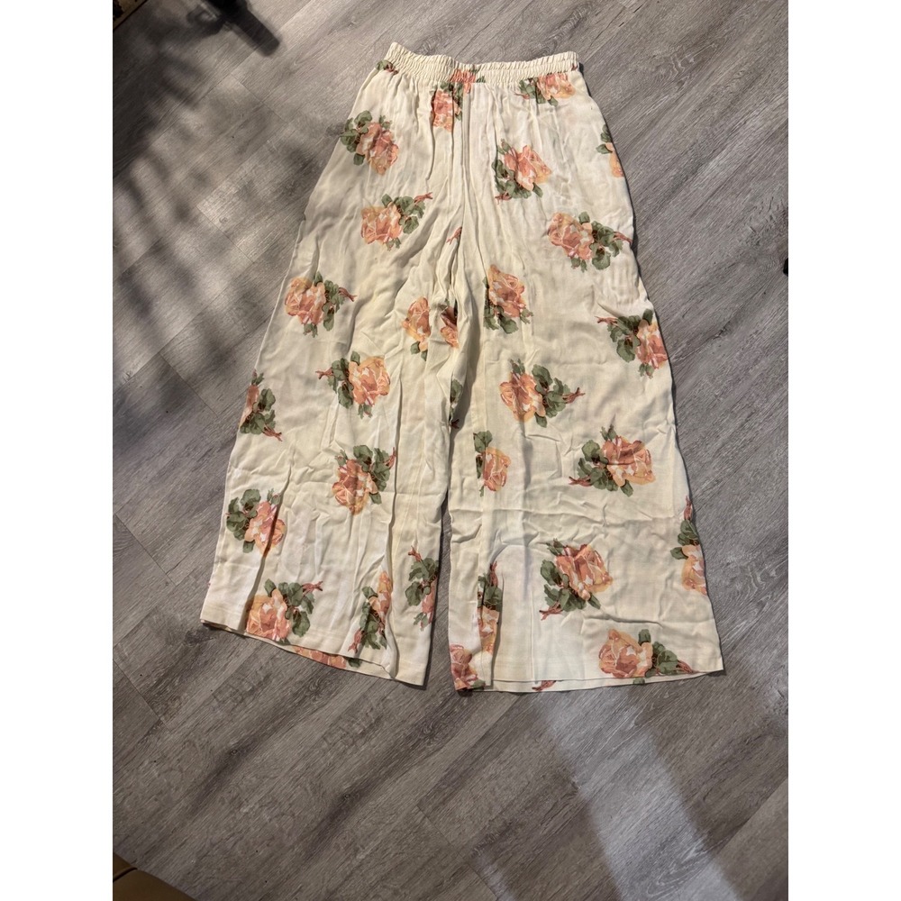 Ashley Brooke Vintage Floral Wide Leg Palazzo Pants Cream Peach Rose Medium USA